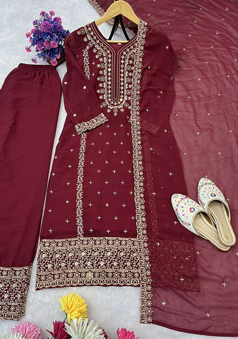 Red Embroidered Georgette Pakistani Suit Set - Indya