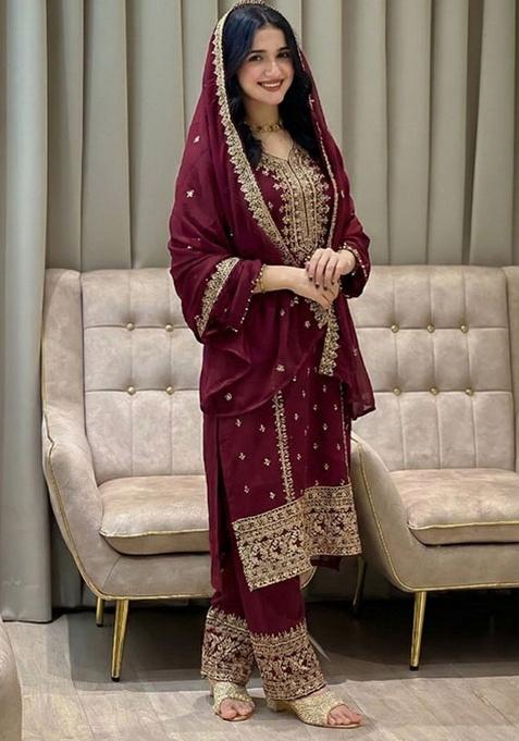 Red Embroidery Georgette Kurta Set