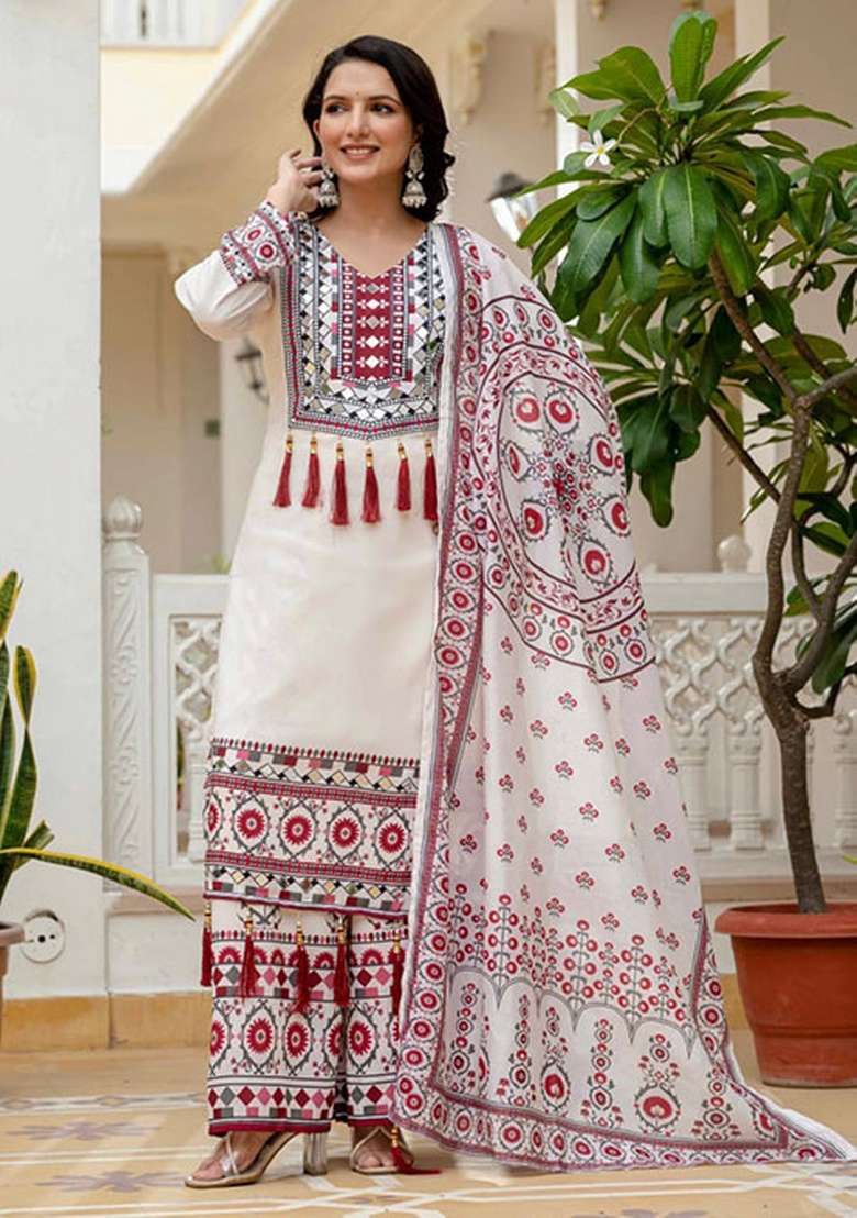 White Embroidered Muslin Punjabi Suit - Indya