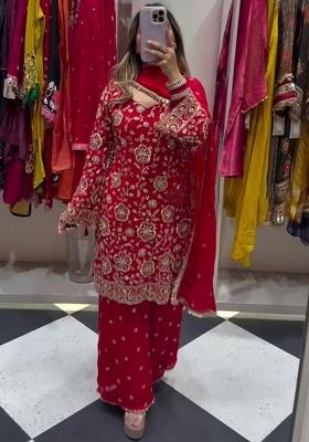 Red Embroidery Georgette Kurta Set