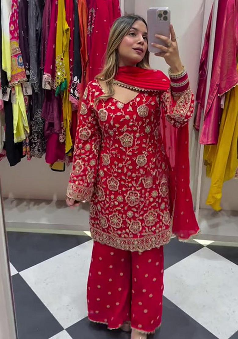 Red Embroidery Georgette Kurta Set - Indya