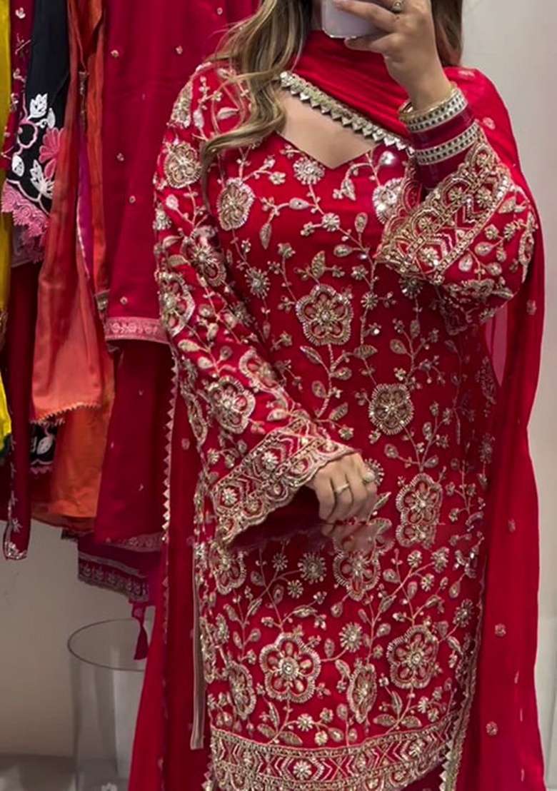 Red Embroidered Georgette Pakistani Suit Set - Indya