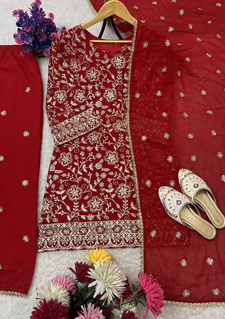 Red Embroidery Georgette Kurta Set - Indya
