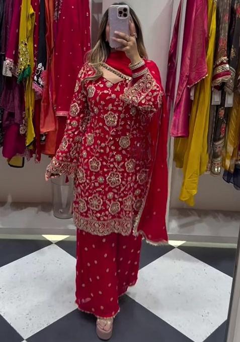 Red Embroidery Georgette Kurta Set