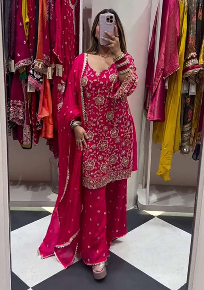 Pink Embroidered Georgette Sharara Set - Indya