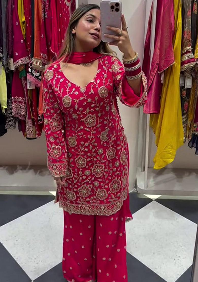 Pink Embroidery Georgette Kurta Set - Indya