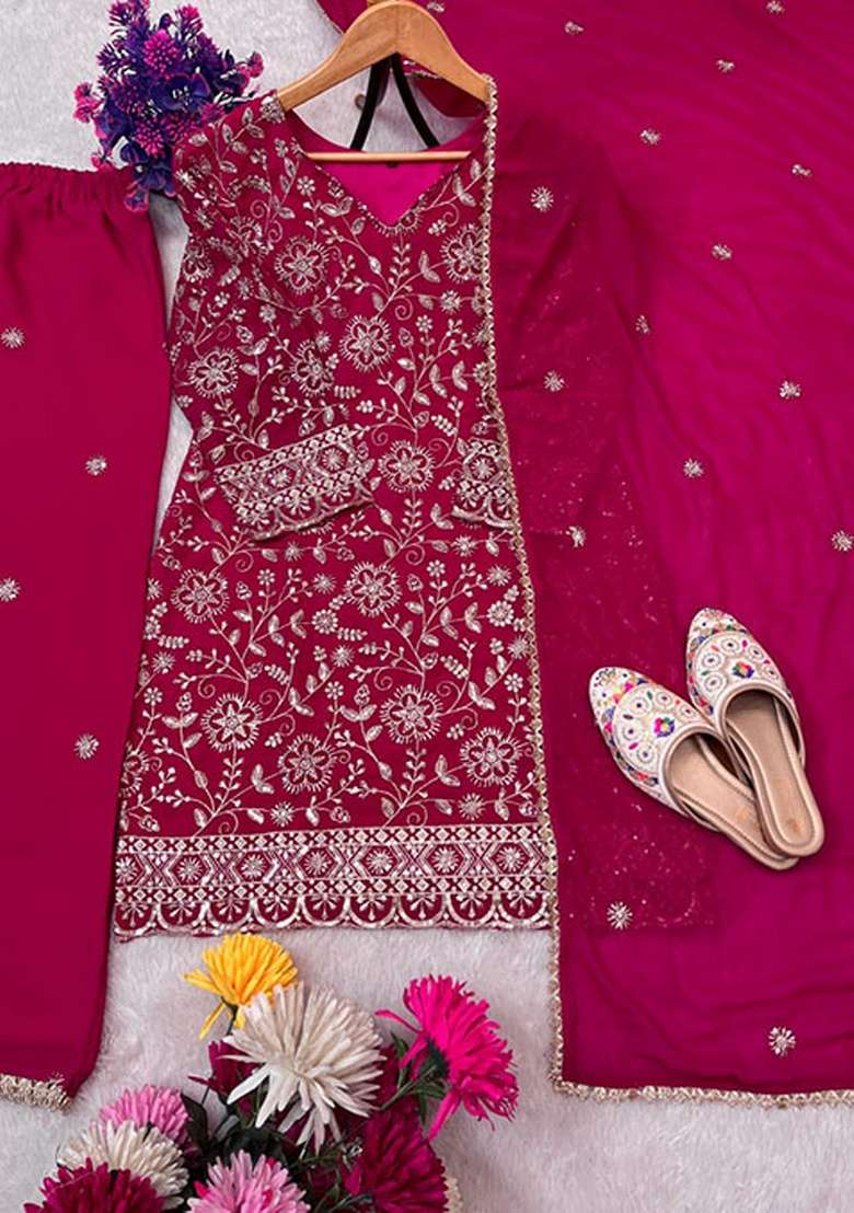 Pink Embroidered Georgette Sharara Set - Indya