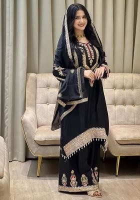 Black Embroidery Silk Kurta Set