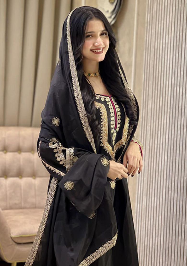 Black Embroidery Silk Kurta Set - Indya