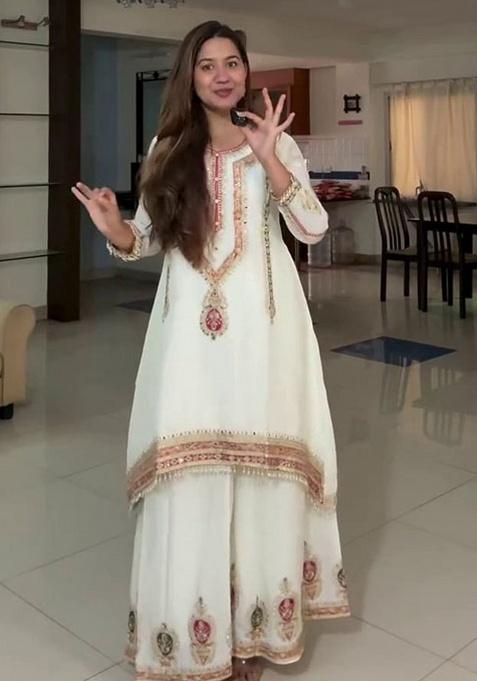 White Embroidery Silk Kurta Set