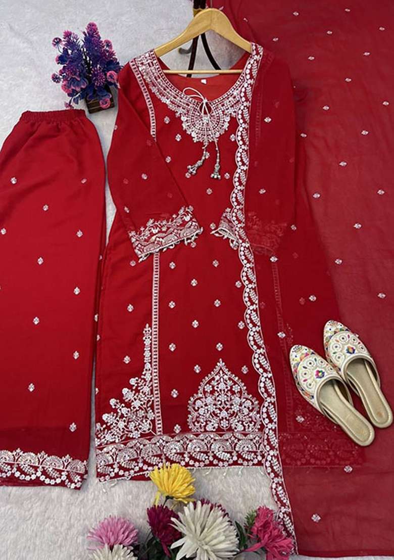 Red Embroidered Georgette Pakistani Suit Set - Indya