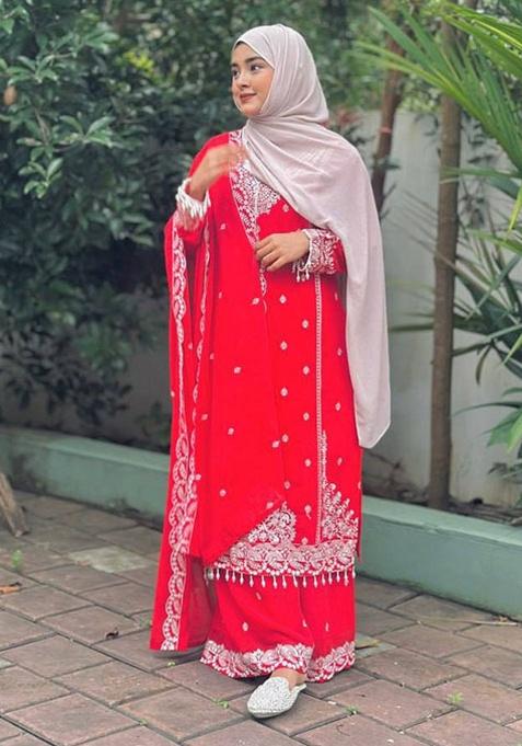 Red Embroidery Georgette Kurta Set