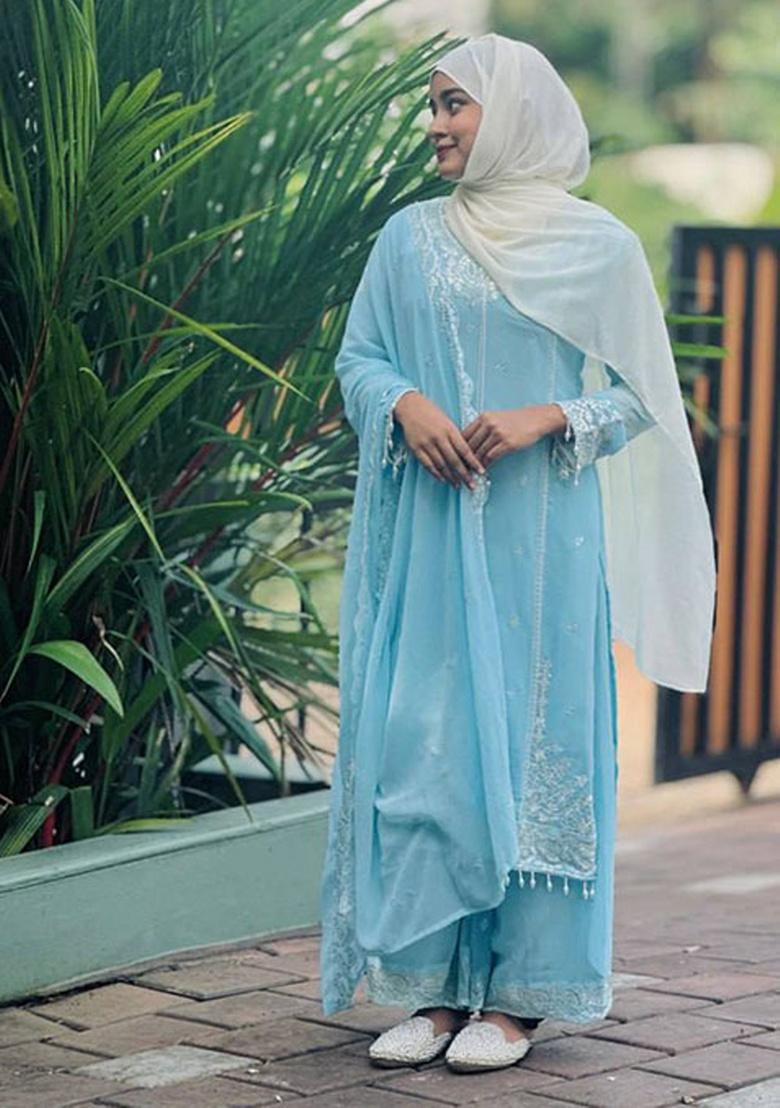 Sky Blue Embroidery Georgette Kurta Set - Indya