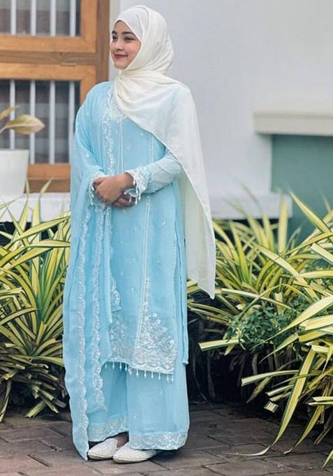 Sky Blue Embroidery Georgette Kurta Set