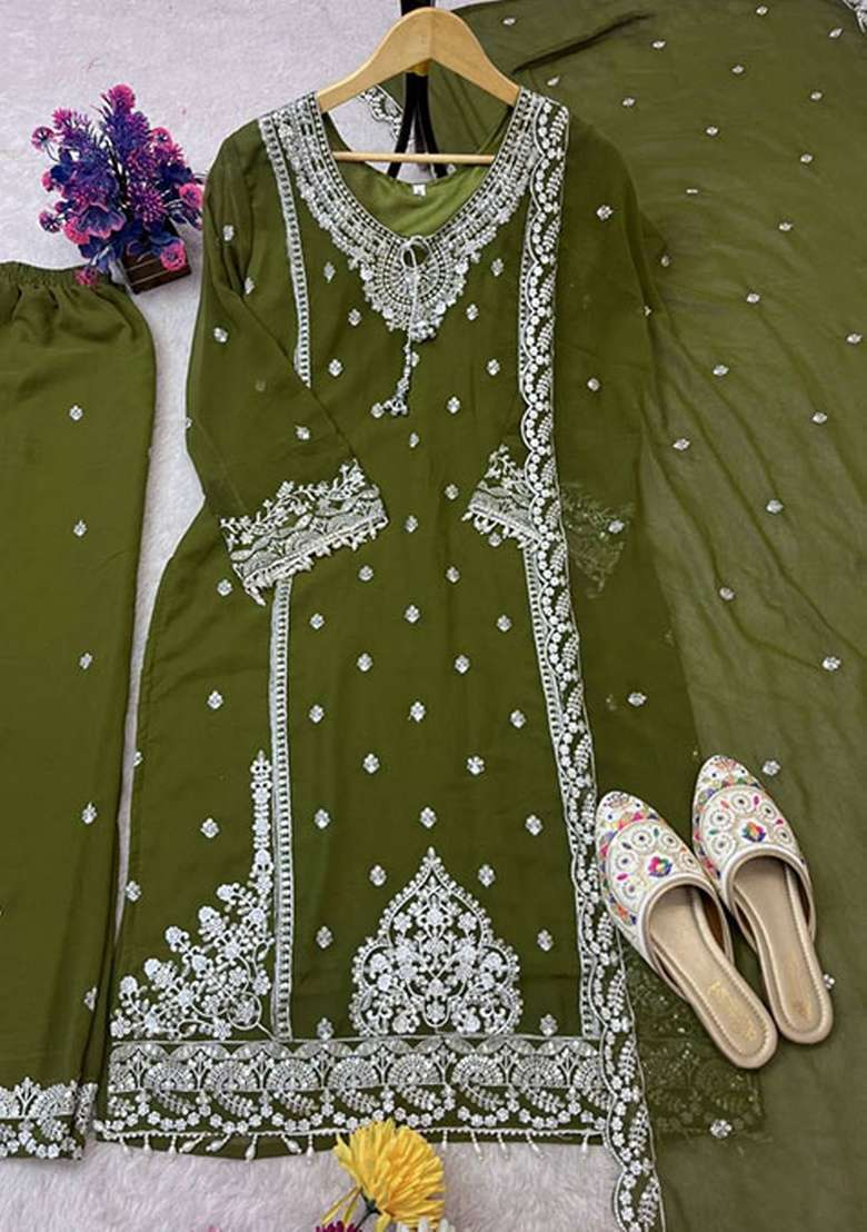 Mahendi Chikankari Georgette Pakistani Suit Set - Indya