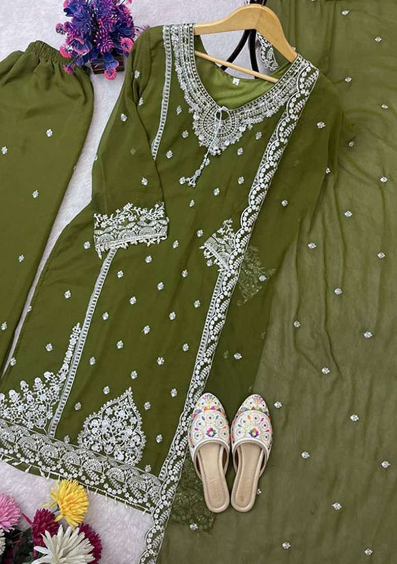 Mahendi Chikankari Georgette Pakistani Suit Set - Indya