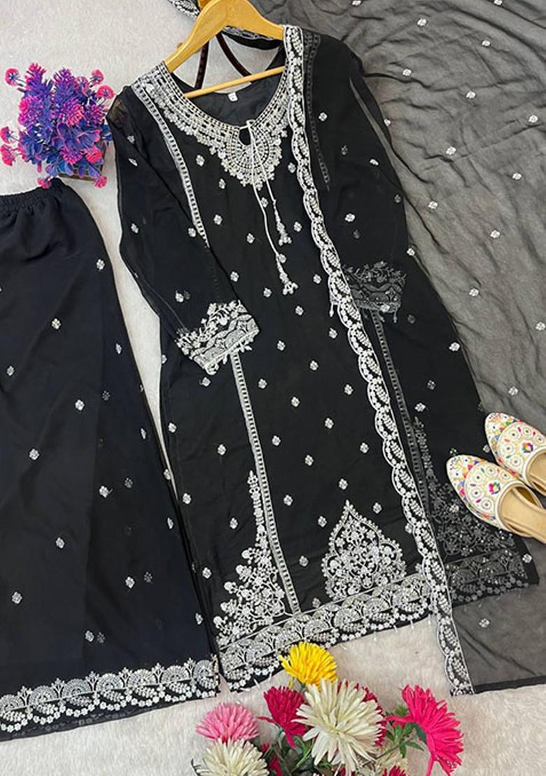 Black Embroidery Georgette Kurta Set - Indya