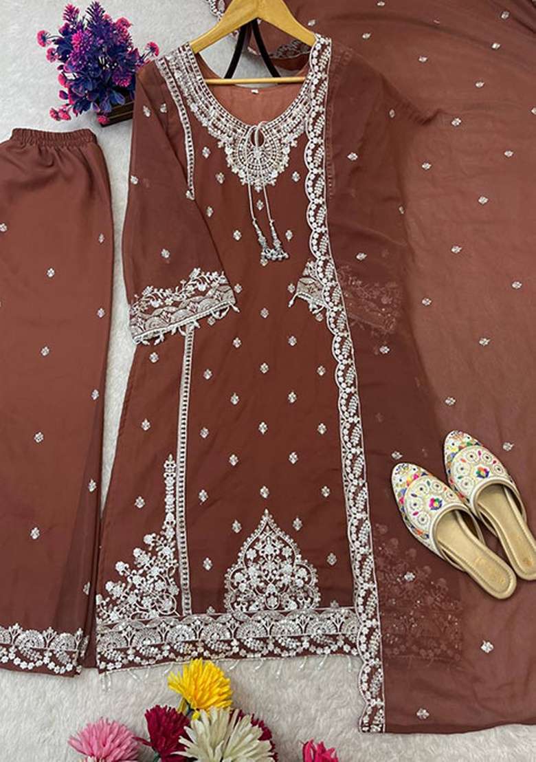 Brown Embroidered Georgette Pakistani Suit Set - Indya