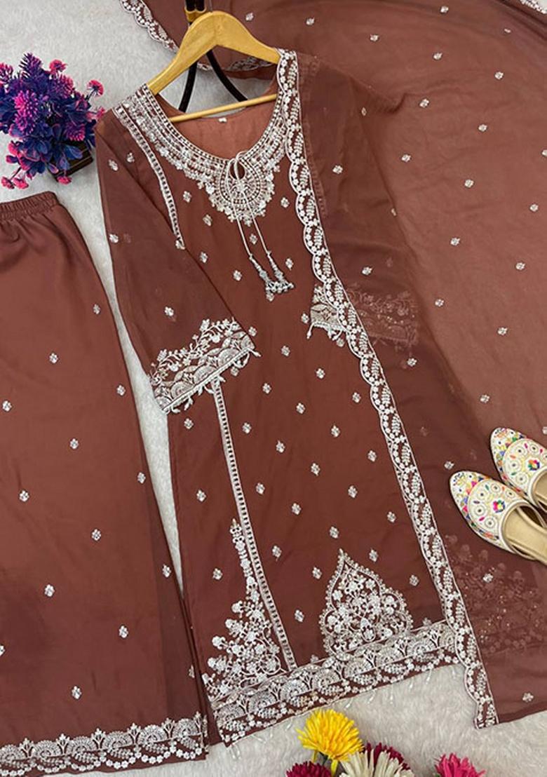 Brown Embroidery Georgette Kurta Set - Indya