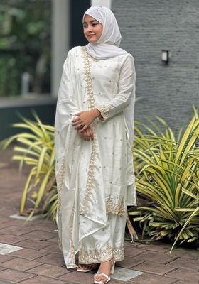 White Embroidery Silk Kurta Set
