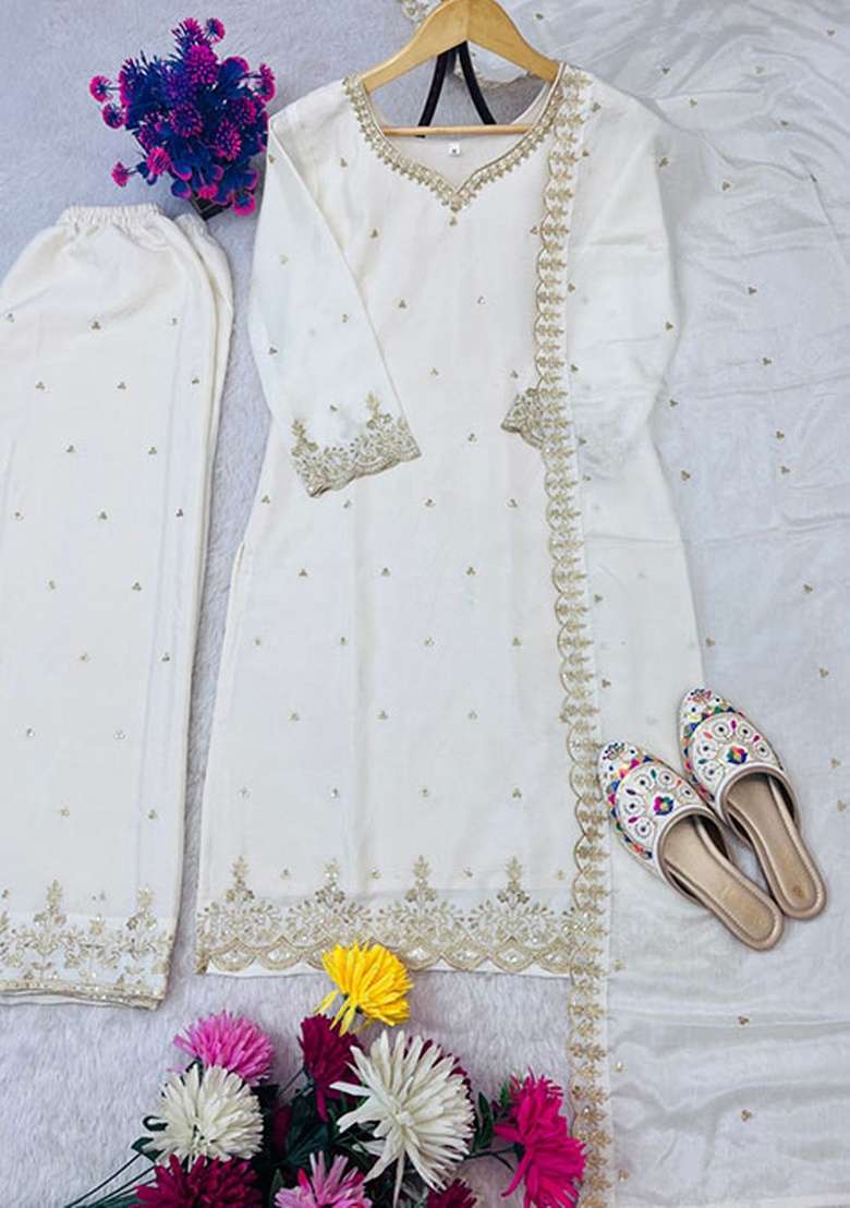 White Embroidered Silk Blend Pakistani Suit Set - Indya