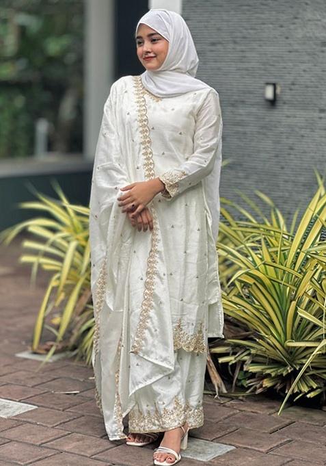 White Embroidery Silk Kurta Set