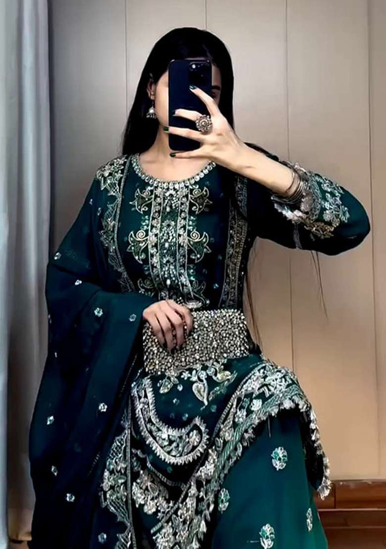 Rama Blue Embroidered Georgette Sharara Set - Indya