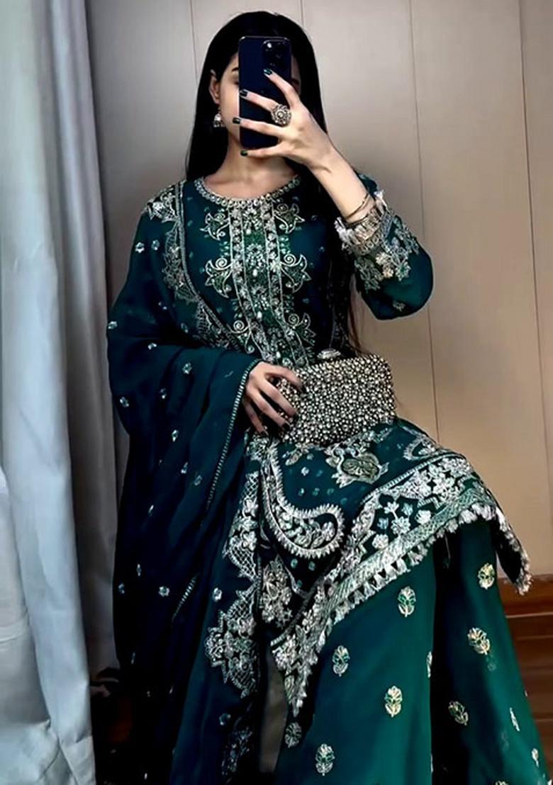 Rama Blue Embroidery Georgette Kurta Set - Indya