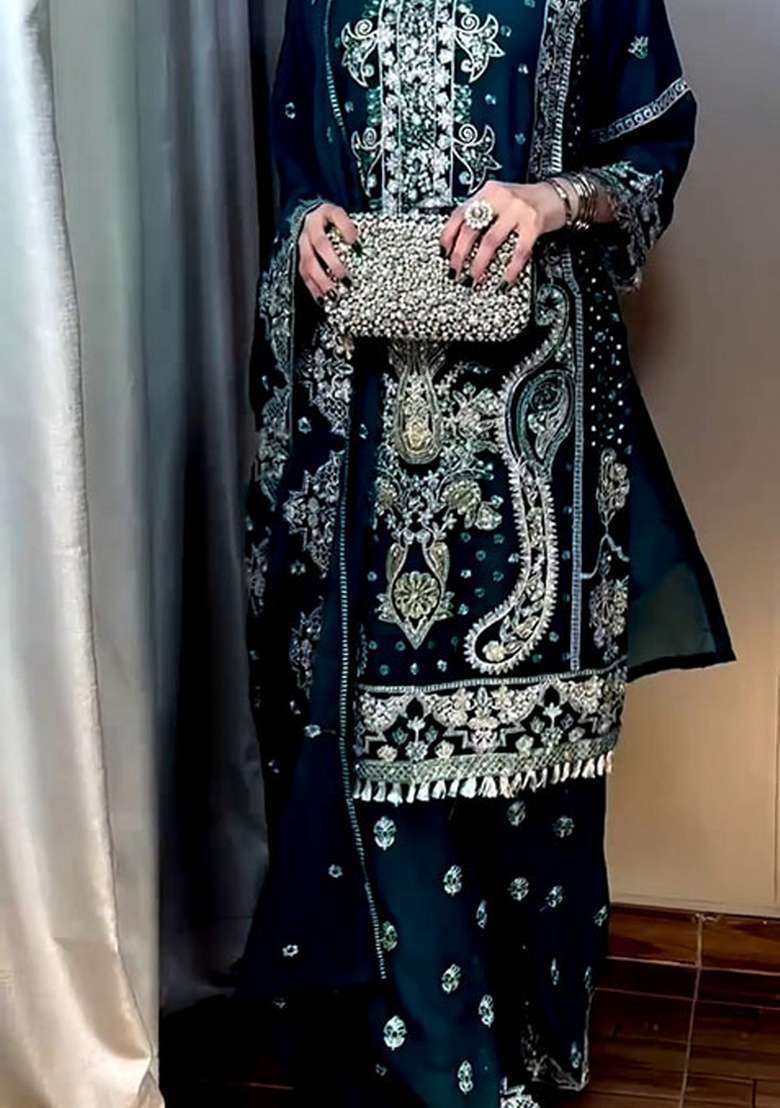 Rama Blue Embroidered Georgette Sharara Set - Indya