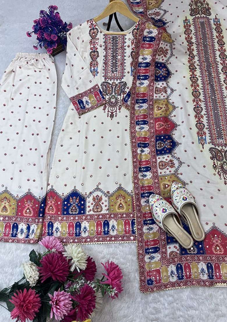 White Printed Muslin Straight Kurta Set - Indya