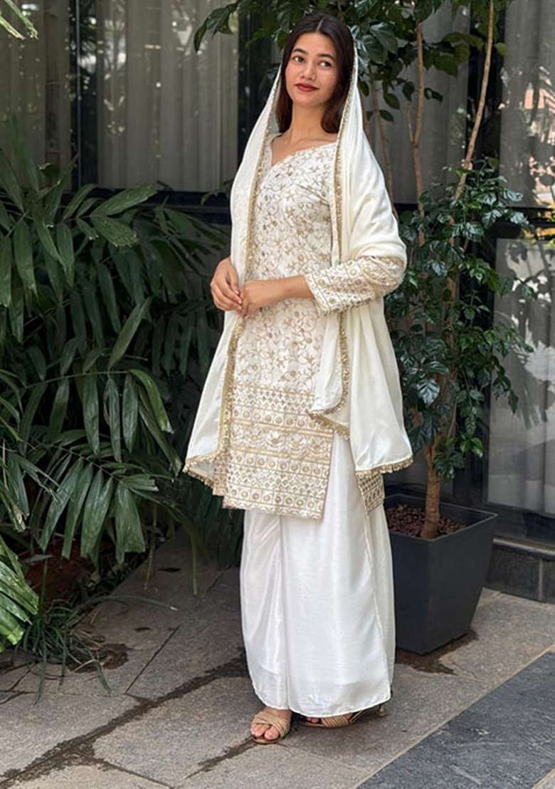 White Embroidered Silk Blend Straight Kurta Set - Indya