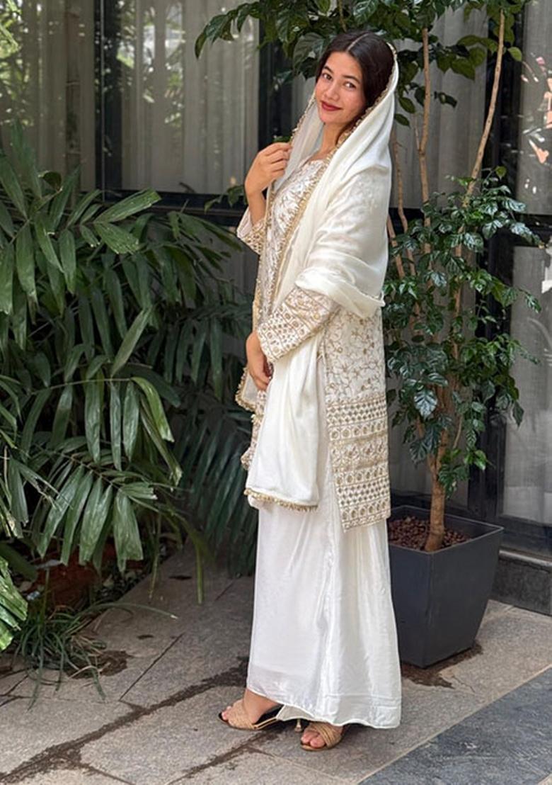 White Embroidery Silk Kurta Set - Indya