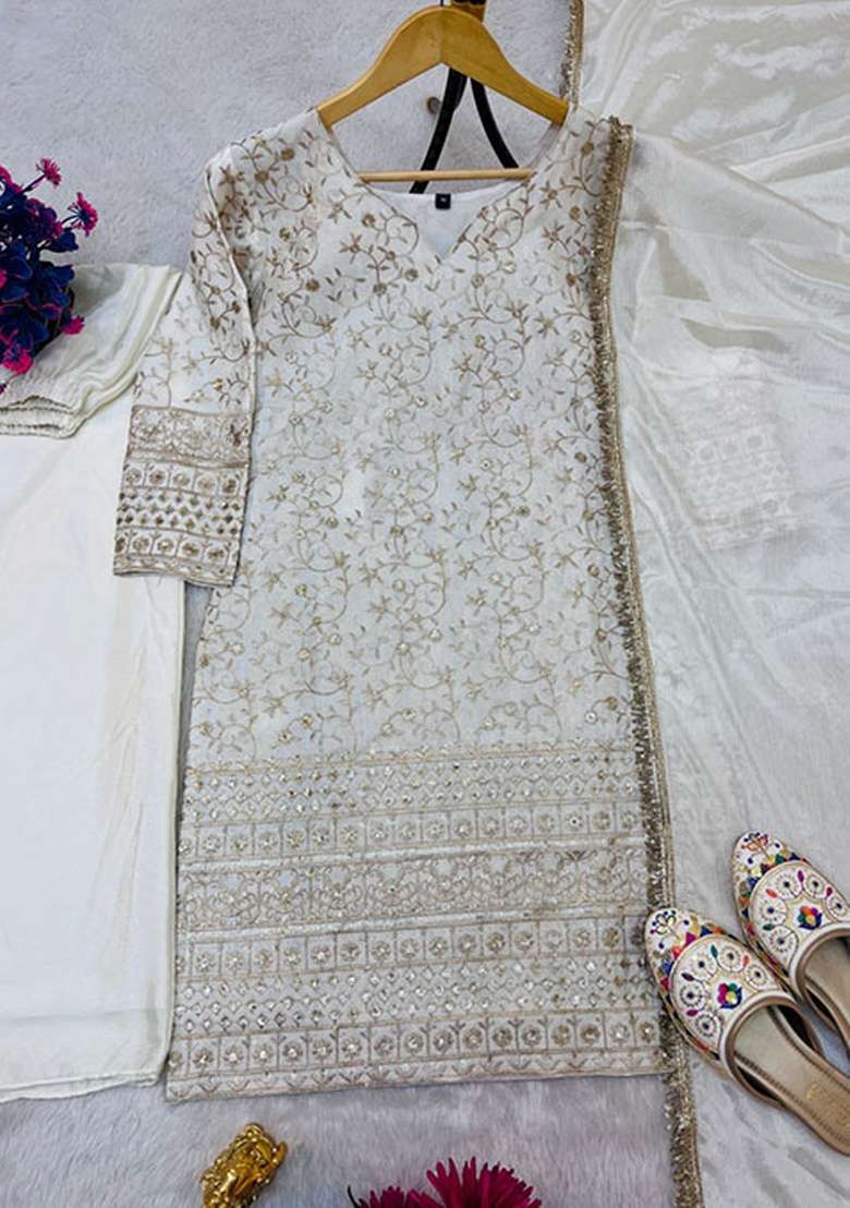 White Embroidered Silk Blend Straight Kurta Set - Indya