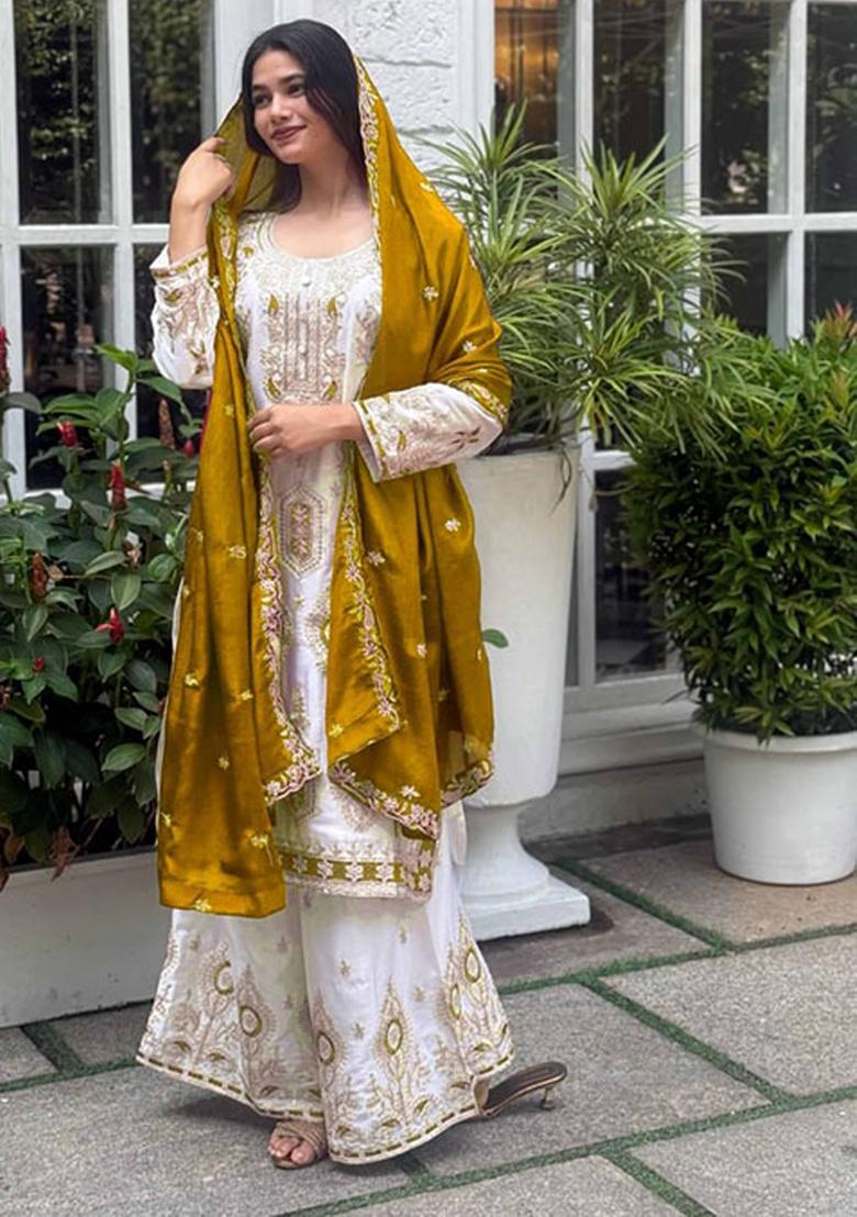 Yellow Embroidery Silk Kurta Set - Indya