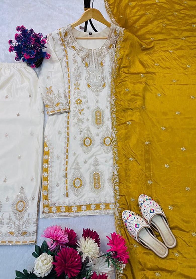 Yellow Embroidery Silk Kurta Set - Indya