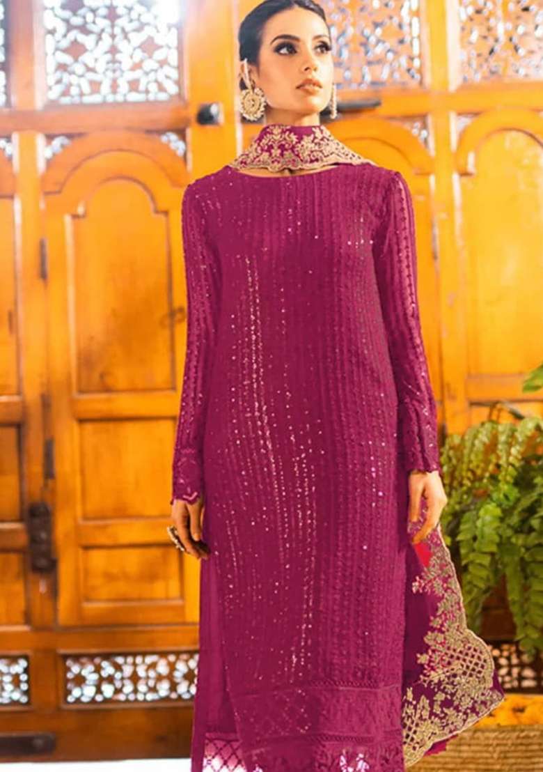 Pink Embroidered Georgette Pakistani Suit Set - Indya