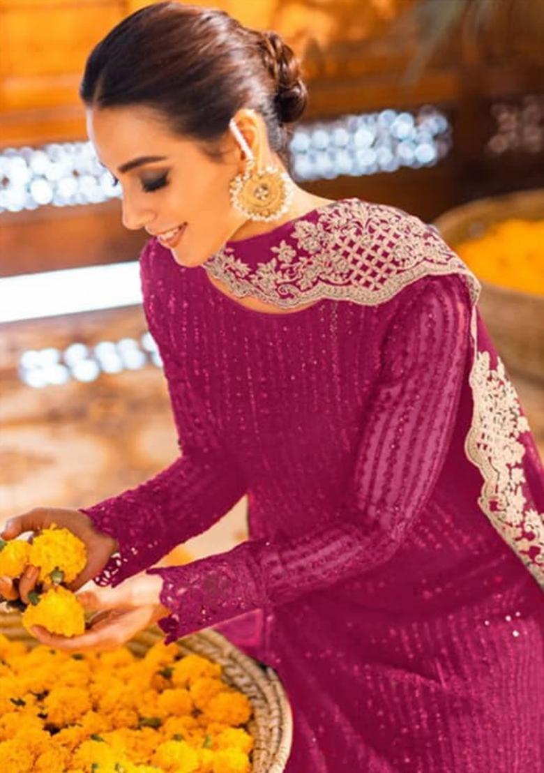 Pink Embroidery Georgette Kurta Set - Indya