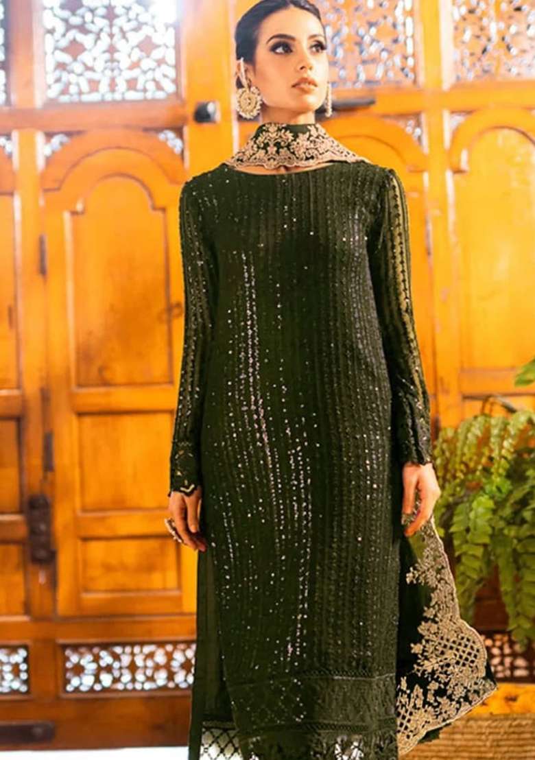 Green Embroidered Georgette Pakistani Suit Set - Indya