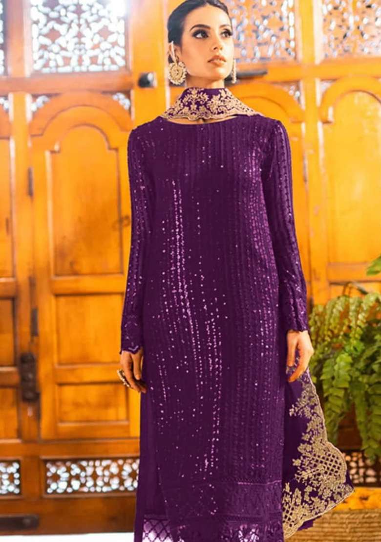 Purple Sequin Work Georgette Pakistani Suit Set - Indya