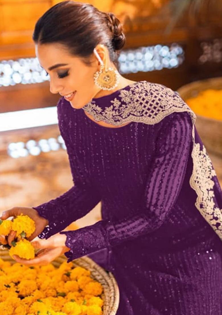 Purple Embroidery Georgette Kurta Set - Indya