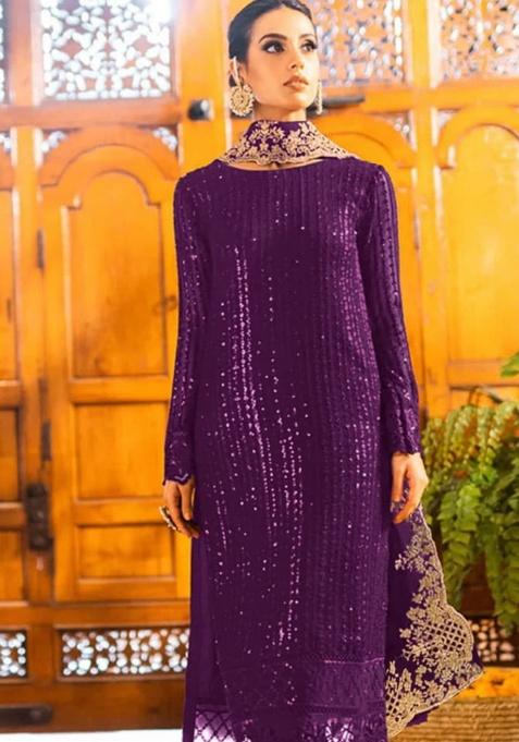 Purple Embroidery Georgette Kurta Set