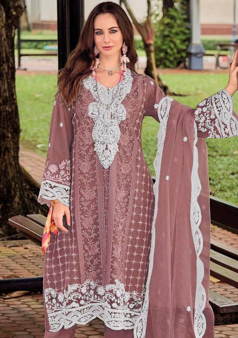 Peach Embroidered Blended Pakistani Suit Set - Indya
