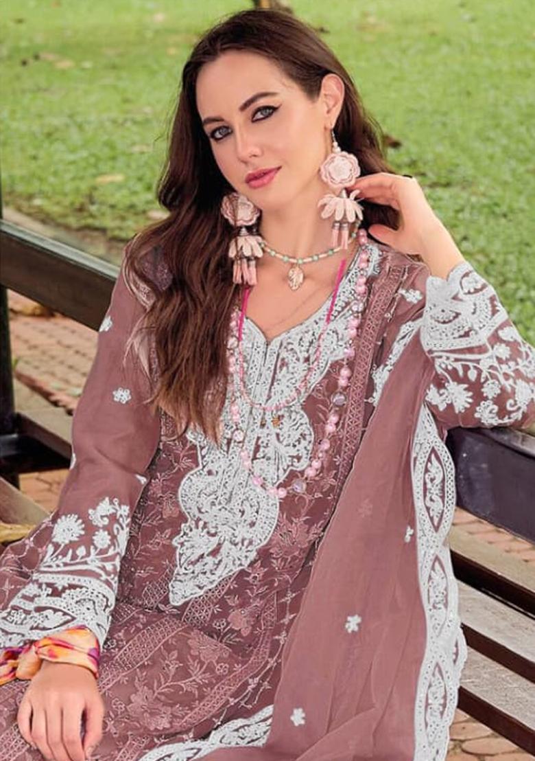 Peach Embroidery Poly Blended Kurta Set - Indya