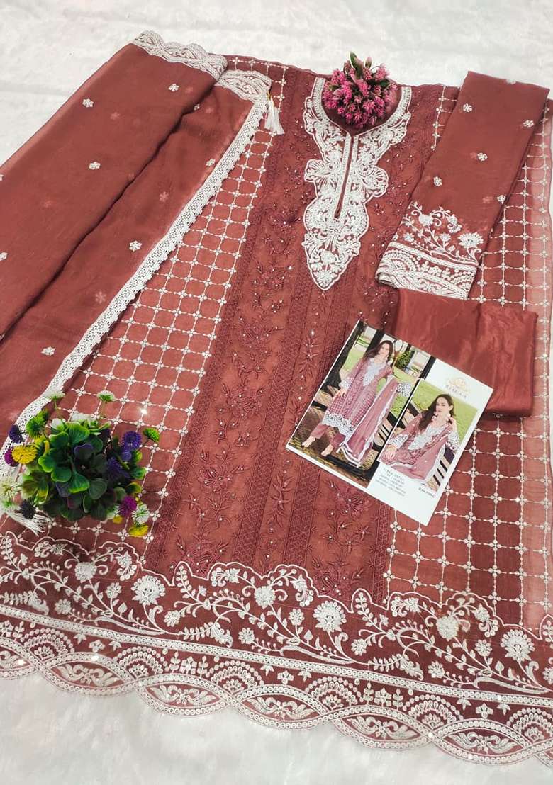 Peach Embroidered Blended Pakistani Suit Set - Indya