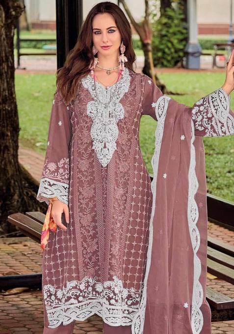 Peach Embroidery Poly Blended Kurta Set