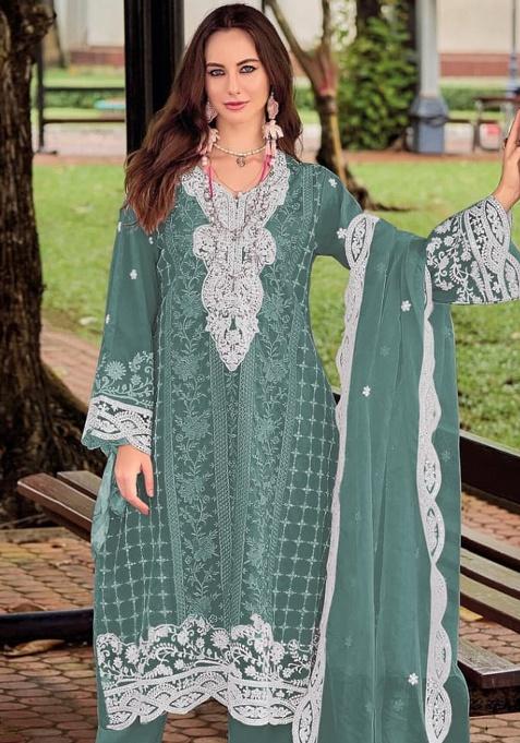 Blue Embroidery Poly Blended Kurta Set