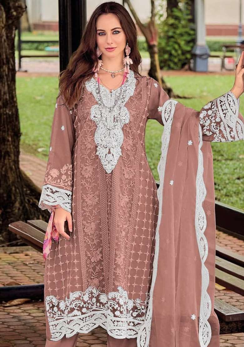 Brown Embroidered Blended Pakistani Suit Set - Indya