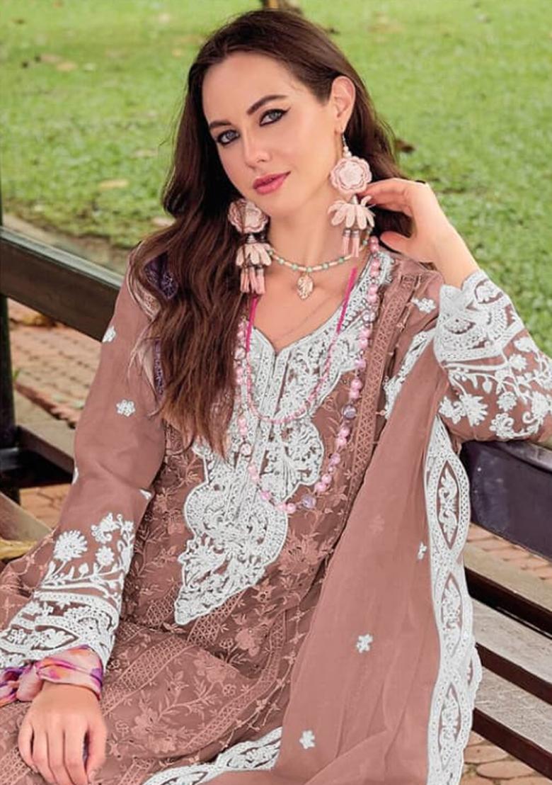 Brown Embroidery Poly Blended Kurta Set - Indya