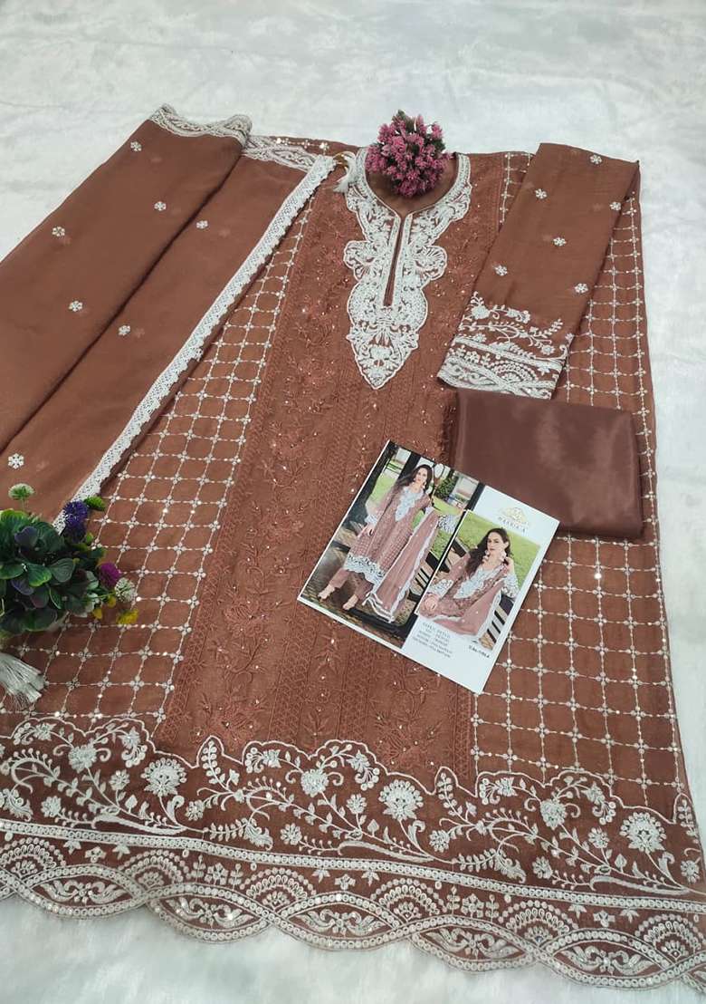 Brown Embroidered Blended Pakistani Suit Set - Indya