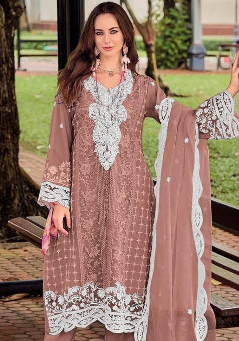 Brown Embroidery Poly Blended Kurta Set